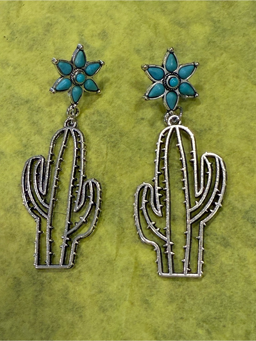 Turquoise silver tone cactus dangle post earrings